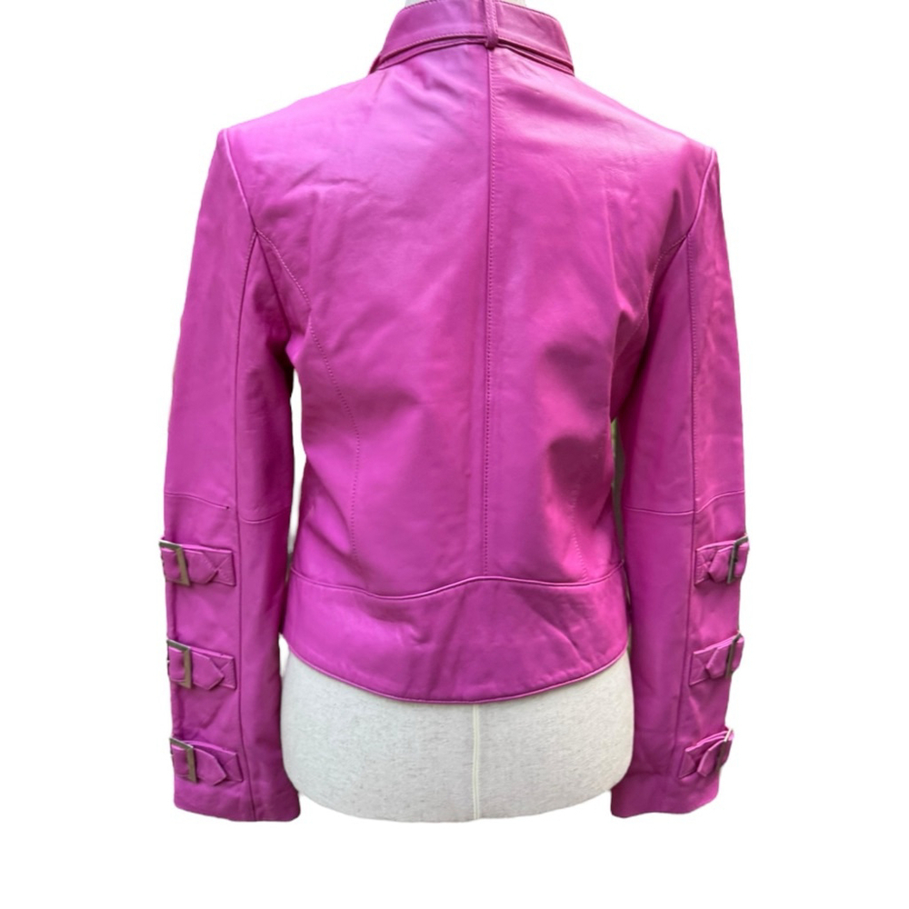 Fuchsia Pink Leather Moto Jacket São Paulo Size 6 – Cropped Buckle Sleeve Biker - Picture 5 of 15
